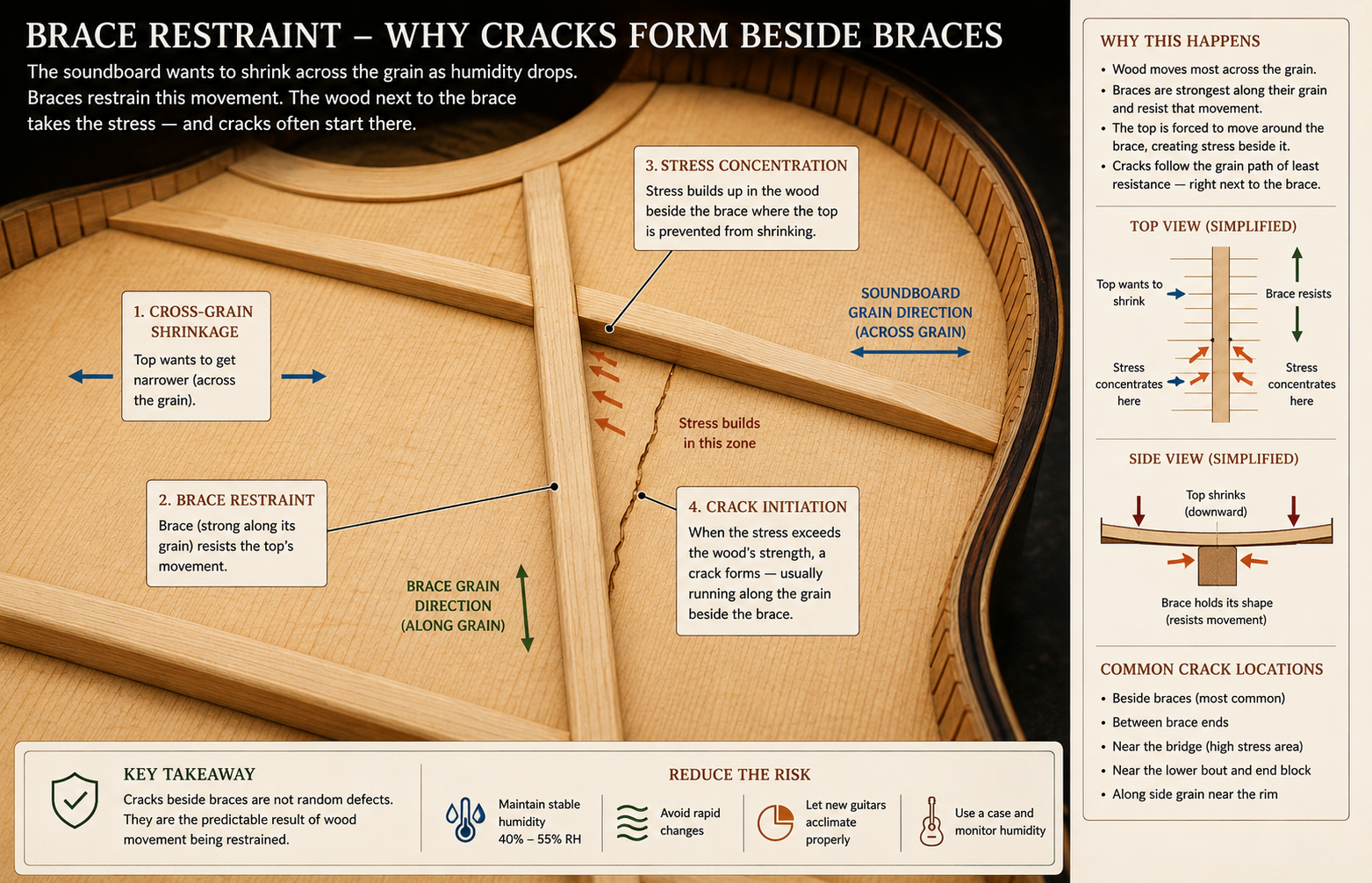 Interior acoustic guitar diagram showing a brace restraining soundboard shrinkage and a crack forming beside the brace.