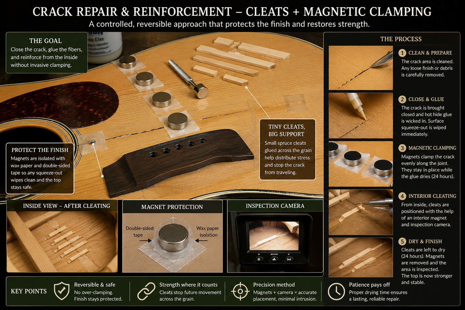 Acoustic guitar crack repair using small interior cleats and controlled magnetic clamping.