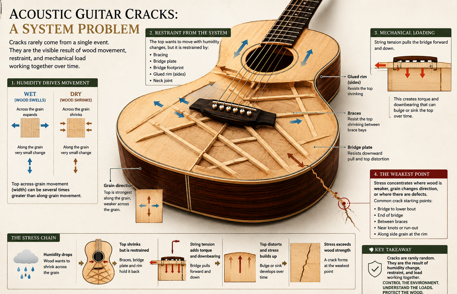 Diagram showing humidity-driven wood movement, brace and rim restraint, bridge loading and the weakest point where an acoustic guitar crack may begin.