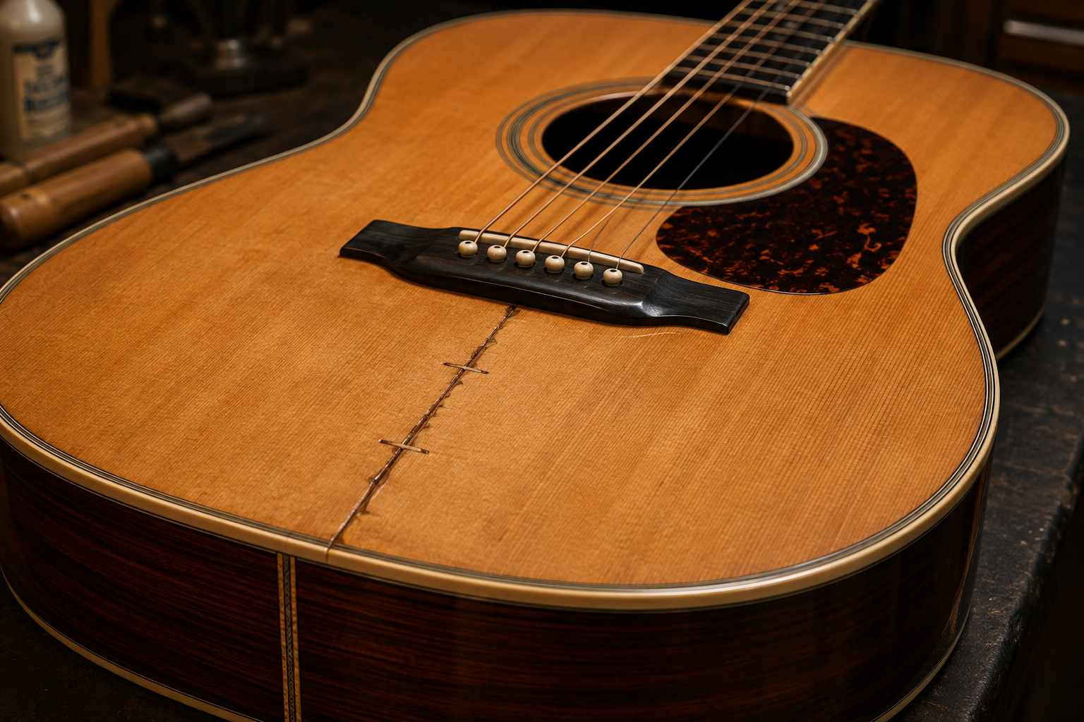 Close view of a solid-wood acoustic guitar showing a repaired or visible soundboard crack and the relationship between the top, bridge and sides.