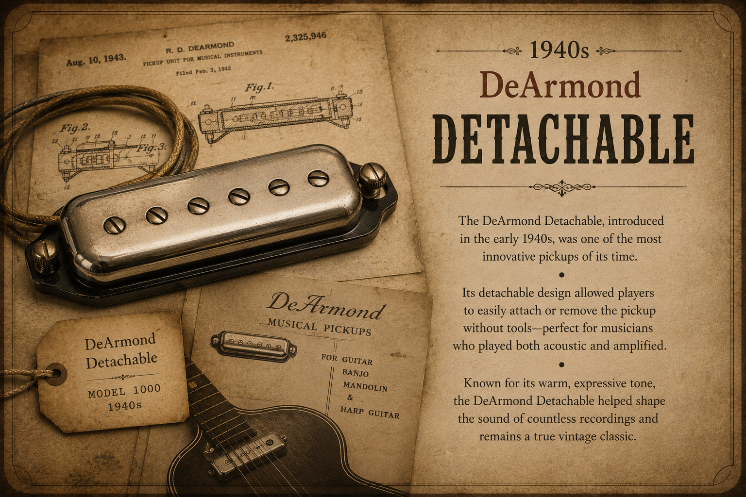 Vintage-style 1940s DeArmond detachable guitar pickup advertisement artwork.