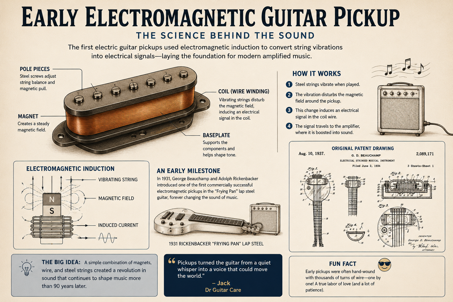 Vintage-style diagram explaining the early electromagnetic guitar pickup with coil, magnet, string vibration, and amplifier signal flow.