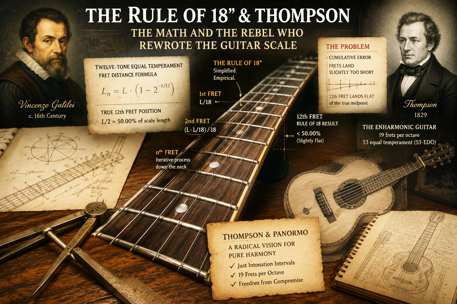 Vintage-style image holder for a guitar fretboard showing tied gut frets, equal temperament geometry, and the historical search for the perfect guitar scale.