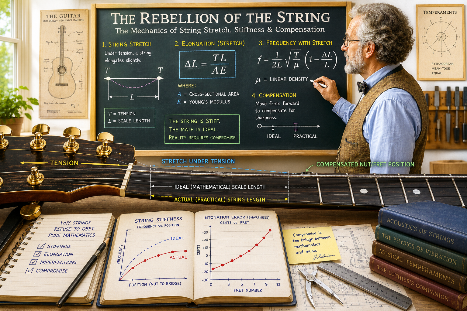 Workbench-style guitar string physics artwork showing string stretch, compensation, and intonation.