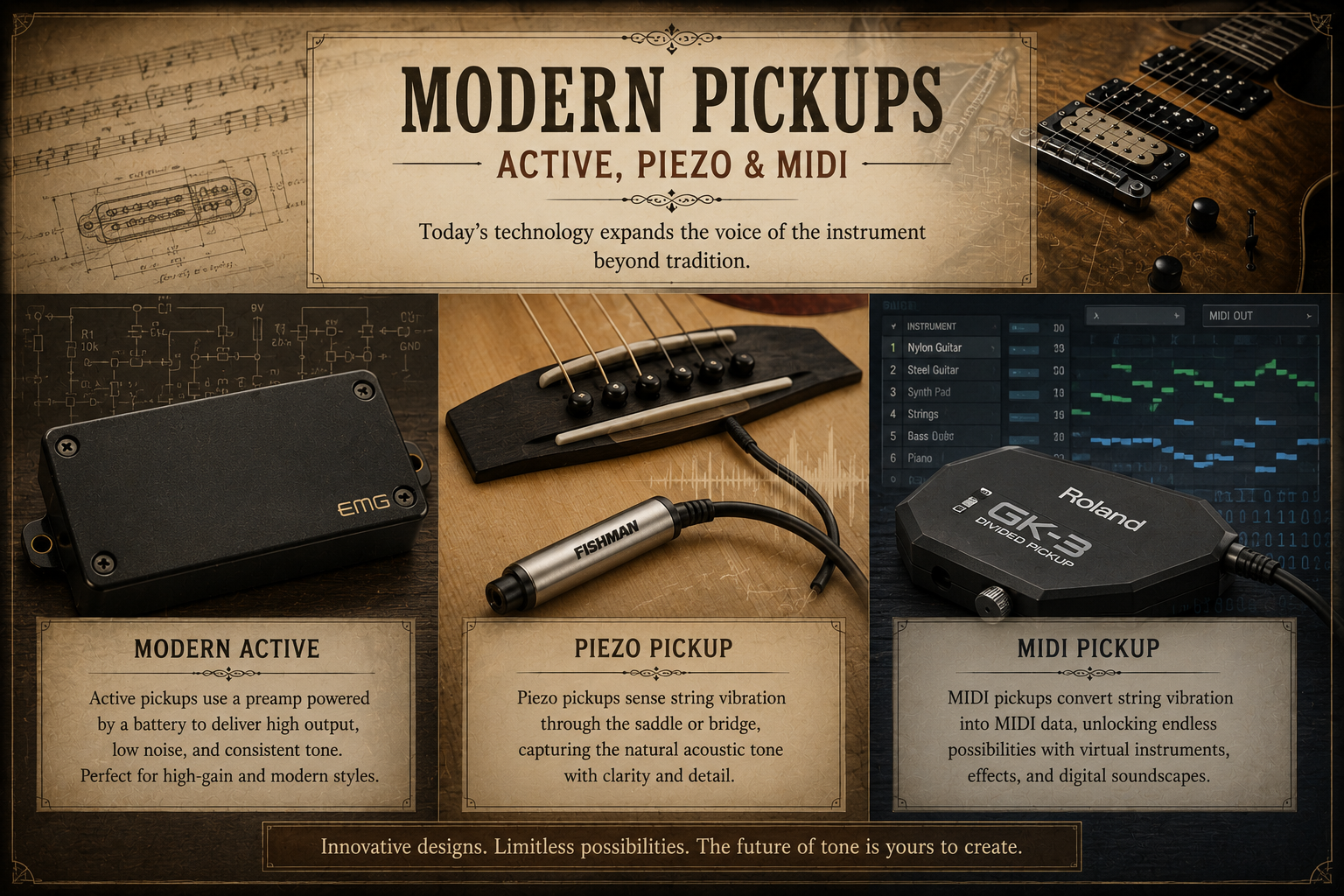 Modern active, piezo, and MIDI guitar pickup systems shown as a technology collage.