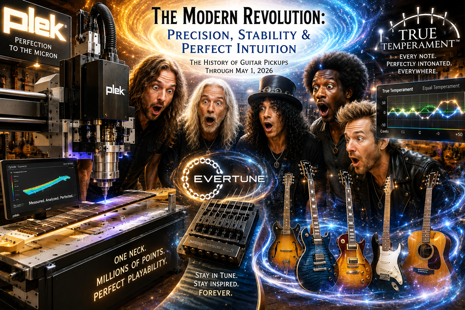 Modern guitar intonation systems artwork showing True Temperament, EverTune, Taylor neck adjustment, and Plek technology.