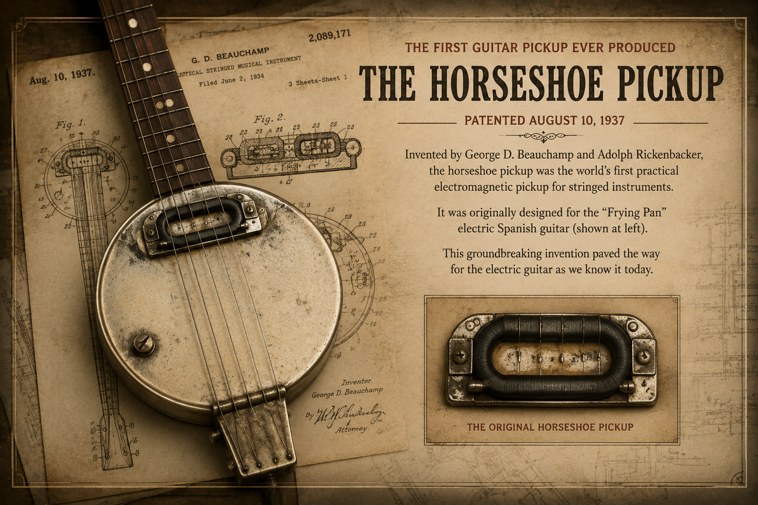 Vintage-style illustration of the Rickenbacker Frying Pan and early horseshoe guitar pickup.