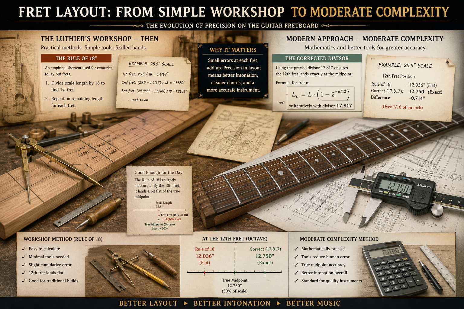 Image holder for the Rule of 18 fret layout method compared with the modern corrected divisor.