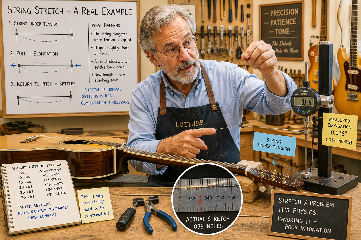 Image holder showing string stretch caused by pressing a string down through action height to the fret.