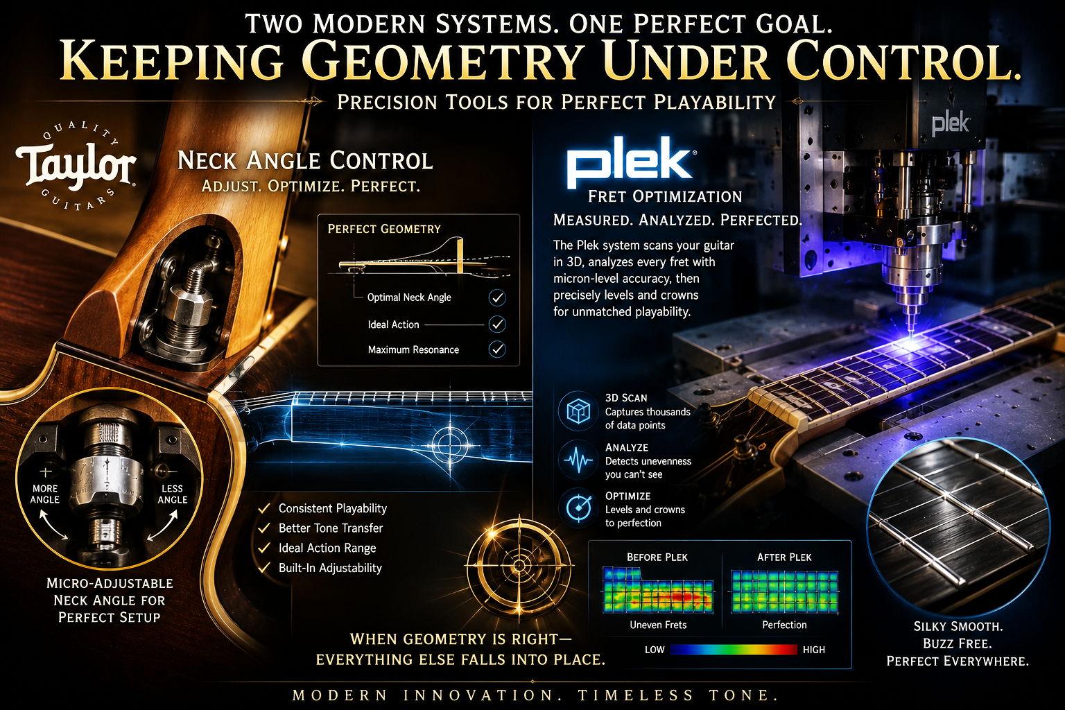 Image holder showing Taylor adjustable neck geometry and Plek scanning under simulated string tension.